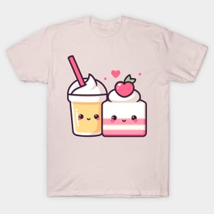 Kawaii Cute Strawberry Cake and Milkshake with a Heart | Design for Kawaii Couples T-Shirt